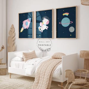Unicorn Astronaut Wall Art Set of 3, Printable Space Nursery Decor, Digital Download