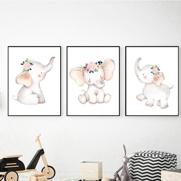 Baby Elephant Wall Art, Digital Download, Printable Wall Art, Elephant Nursery Decor, Elephant Nursery Prints,Elephant with Blush Flowers