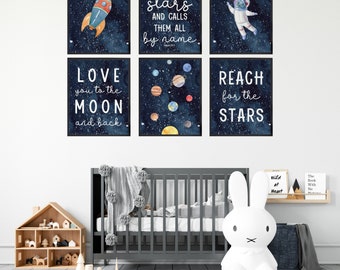 水彩画風宇宙プリントウォールアート6枚セット、デジタルダウンロード、キリスト教の子供部屋装飾