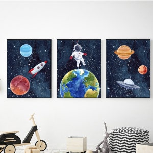 Set of 3 Watercolor Outer Space Wall Art, Digital Download, Printable Wall Art, Watercolor Outer Space Prints, Outer Space Nursery Decor image 1