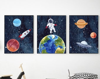 Watercolor Space Printable Wall Art Set of 3, Baby Nursery Prints (Digital Download)