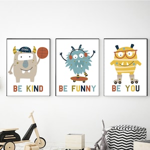 Monsters Printable Wall Art Set of 3, Digital Prints, Be Fun Be Kind Be You Quotes, Nursery Decor for Baby & Toddler Boys, Instant Download