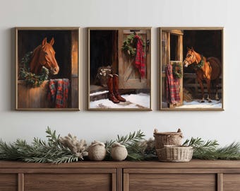 Equestrian Vintage Christmas Printable Wall Art, Rustic Holiday Gallery Prints, Digital Download