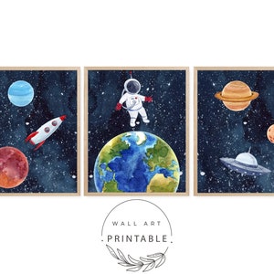 Set of 3 Watercolor Outer Space Wall Art, Digital Download, Printable Wall Art, Watercolor Outer Space Prints, Outer Space Nursery Decor image 2