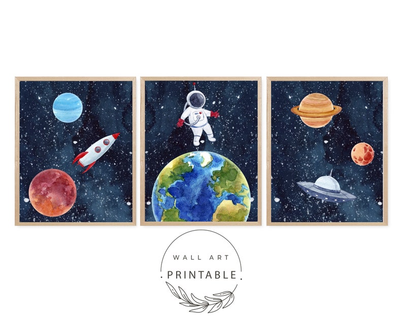 Set of 3 Watercolor Outer Space Wall Art, Digital Download, Printable Wall Art, Watercolor Outer Space Prints, Outer Space Nursery Decor image 2