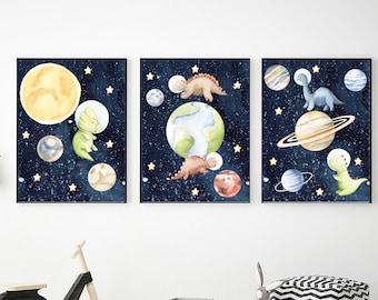 Printable Space Dinosaurs Wall Art Set, Digital Download, Space Nursery Decor, Dinos Space Prints, Outer Space Decor, Toddler Bedroom Decor