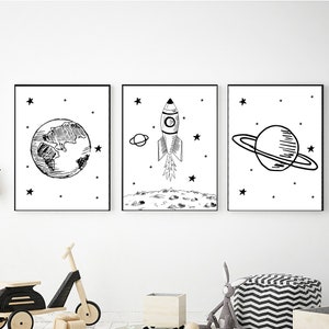 Black and White Outer Space Printable Wall Art, Digital Download, Space Theme Nursery, Outer Space Decor, Kids Room Decor, Celestial Poster
