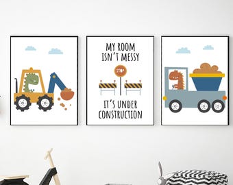 Dinosaur Construction Truck Nursery Prints: Printable Boy's Room Decor (Digital Download)