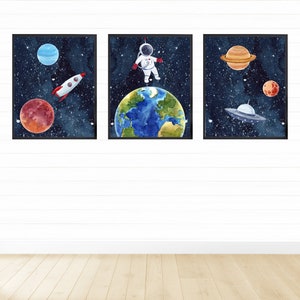 Set of 3 Watercolor Outer Space Wall Art, Digital Download, Printable Wall Art, Watercolor Outer Space Prints, Outer Space Nursery Decor image 3