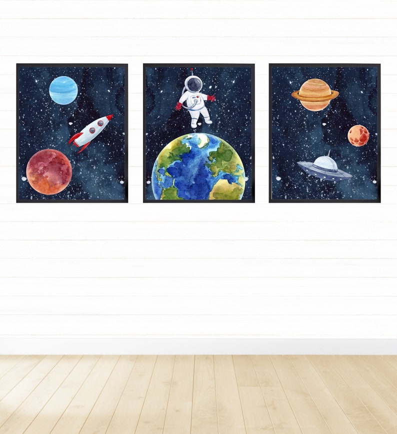 Set of 3 Watercolor Outer Space Wall Art, Digital Download, Printable Wall Art, Watercolor Outer Space Prints, Outer Space Nursery Decor image 3