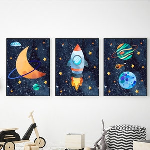 Set of 3 Watercolor Outer Space Wall Art, Digital Download, Printable Wall Art, Watercolor Outer Space Prints, Outer Space Nursery Decor