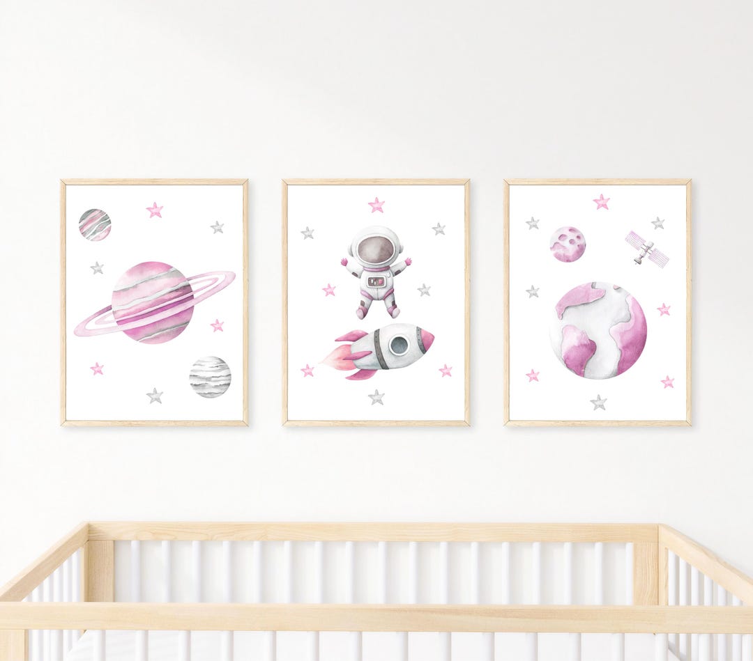 Girls Space Printable Wall Art Set of 3, Digital Download, Space Themed ...