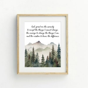 Arte de pared imprimible con oración de serenidad, descarga digital, decoración cristiana para guardería, arte de pared con oración de serenidad, pintura de paisaje con acuarela