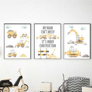 Construction Truck Printable Wall Art Set of 3, Digital Download Nursery Decor for Boys, Dump Truck Digger Mixer, My Room Isn’t Messy Quote