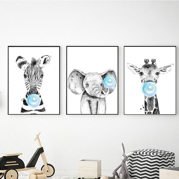 Safari Tiere mit blauem Kaugummi druckbare Wandkunst, digitaler Download, Kleinkind Jungen Schlafzimmer Dekor, Safari Wandkunst, Safari Kinderzimmer Dekor