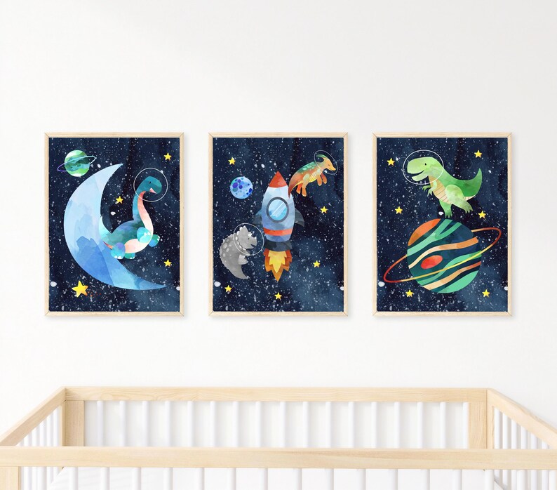 Printable Dinosaur Astronaut Space Prints: Nursery Wall Art Set of 3 ...