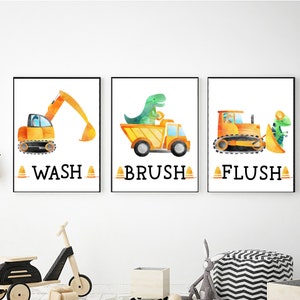 Dinosaur Construction Truck Bathroom Printable Wall Art: Wash Brush Flush Prints (Digital Download)