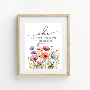 Proverbs 3:15 Bible Verse Printable Wall Art, Digital Download, Christian Nursery, She is More Precious Than Rubies Print, Scripture Print