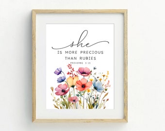 Proverbs 3:15 Bible Verse Poster, Printable Wall Art, Digital Download, Christian Nursery, She is More Precious Than Rubies Poster