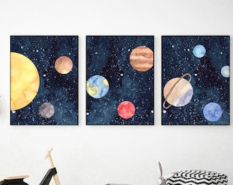 Watercolor Solar System Print Set, Outer Space Nursery Decor (Digital Download)