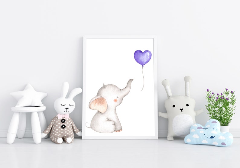 Watercolor Elephant with Balloons Nursery Wall Art Digital Etsy