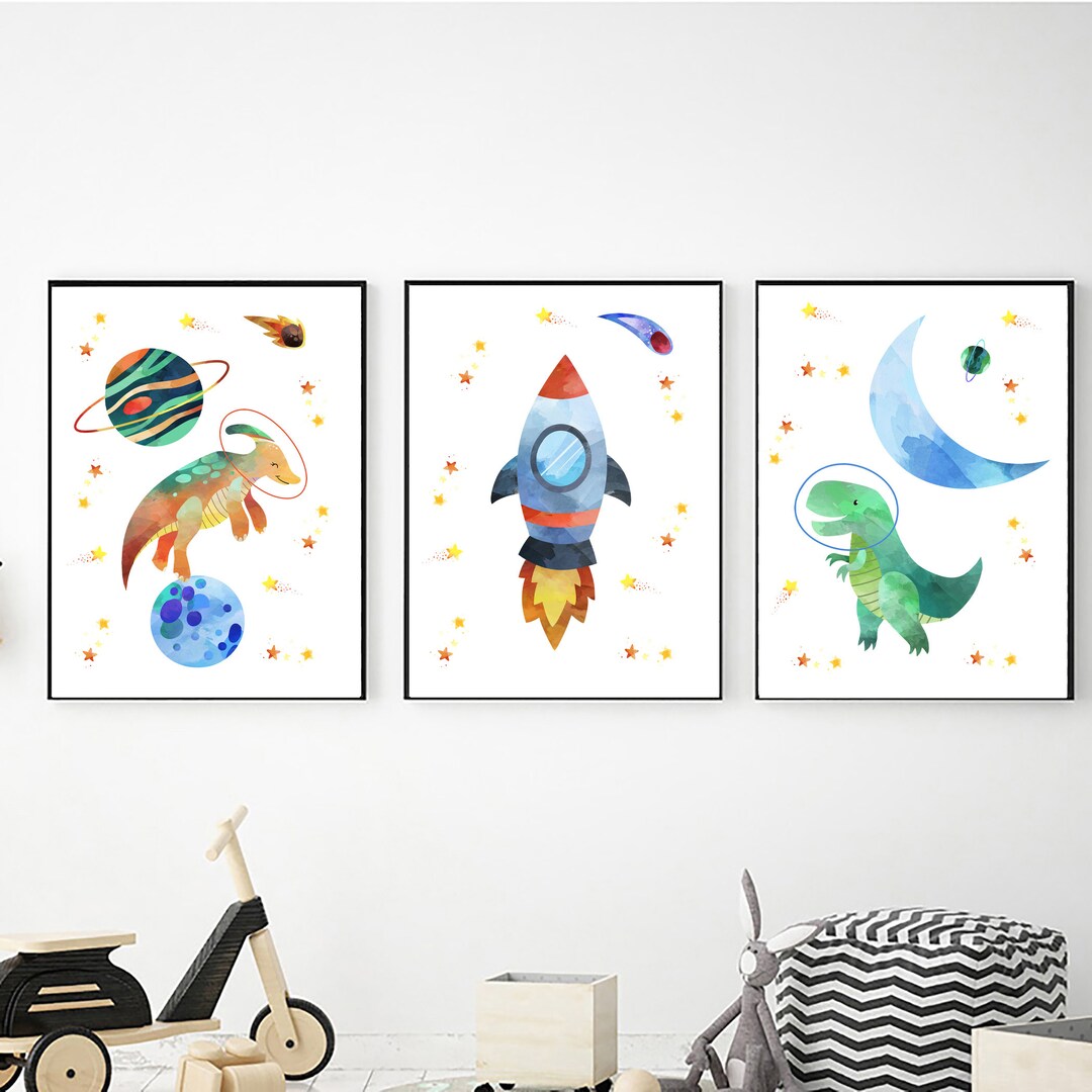 Dinosaur Astronauts in Space Printable Wall Art Set of 3, Digital ...