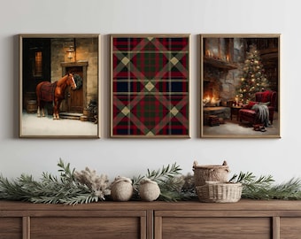 Equestrian Tartan Christmas Printable Wall Art, Rustic Holiday Gallery Prints, Digital Download