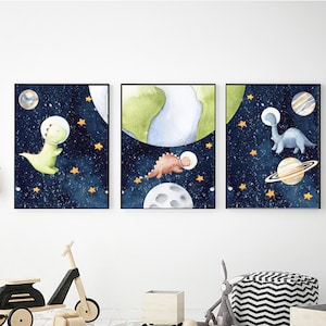 Outer Space Dinosaurs Printable Wall Art, Digital Download, Space Nursery Decor, Dinos Space Prints, Outer Space Decor, Boy Bedroom Decor