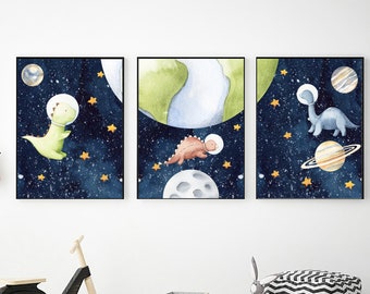 Outer Space Dinosaurs Wall Art Prints: Printable Boy Nursery Decor (Digital Download)