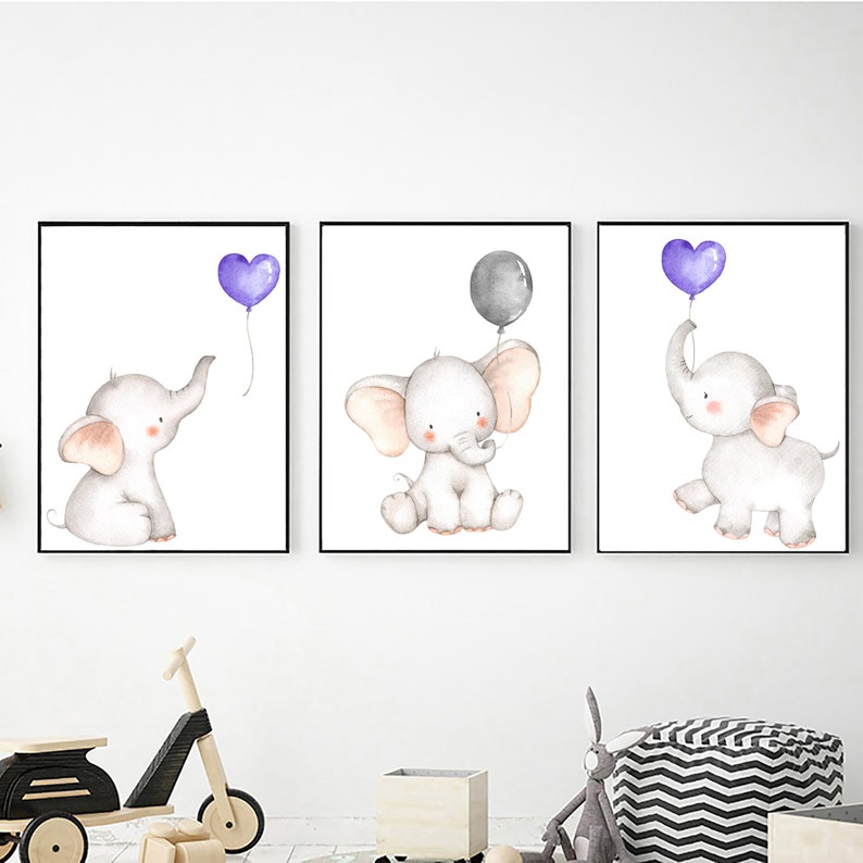 Watercolor Elephant with Balloons Nursery Wall Art Digital Etsy