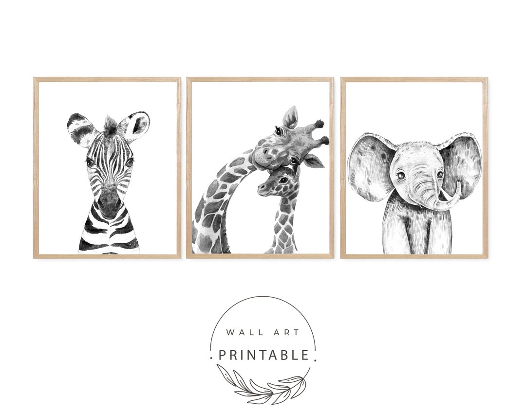 Printable Black and White Safari Animals Wall Art Set Digital Download