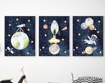 Arte de la pared del espacio exterior, descarga digital, arte de pared imprimible, decoración de la guardería con temática espacial, impresión espacial, decoración del dormitorio del niño, impresión del tema espacial