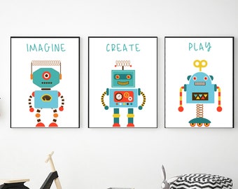 Robots Wall Art Set, Digital Download, Robot Prints, Nursery Decor, Printable Wall Art, Boys room decor, Kids Room Decor 8x10 11x14 16x20