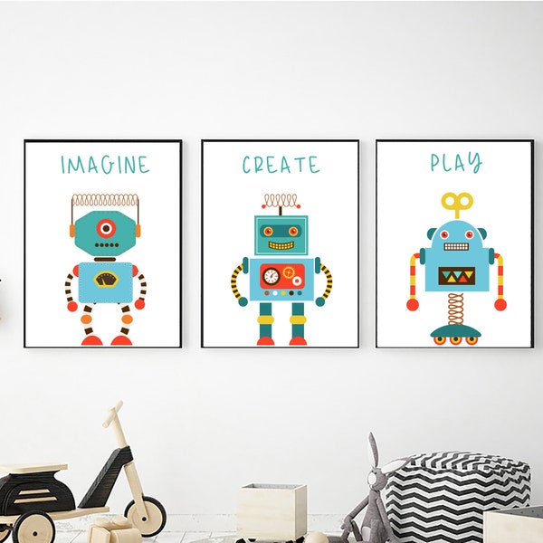 Robots Wall Art Set, Digital Download, Robot Prints, Nursery Decor, Printable Wall Art, Boys room decor, Kids Room Decor 8x10 11x14 16x20