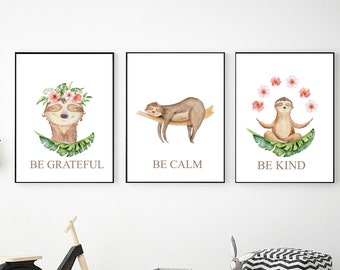 Sloth Printable Wall Art, Digital Download, Sloth Themed Nursery Decor, Watercolor Sloth Prints, Baby Shower Gift, Kids Room Decor, Be Kind