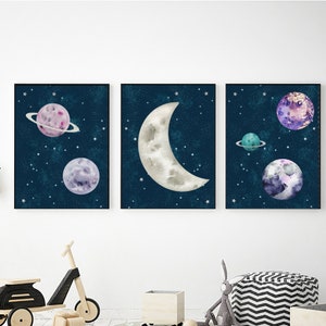 女の子向け宇宙をテーマにしたプリント可能なウォールアート、デジタルダウンロード、天体保育園、宇宙プリント、宇宙をテーマにした保育園の装飾、惑星のウォールアート