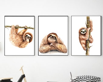 Sloth Wall Art Printable Set, Digital Download, Sloth Decor, Sloth Prints, Printable Wall Art, Sloth Nursery Decor, Cute Baby Sloth Print