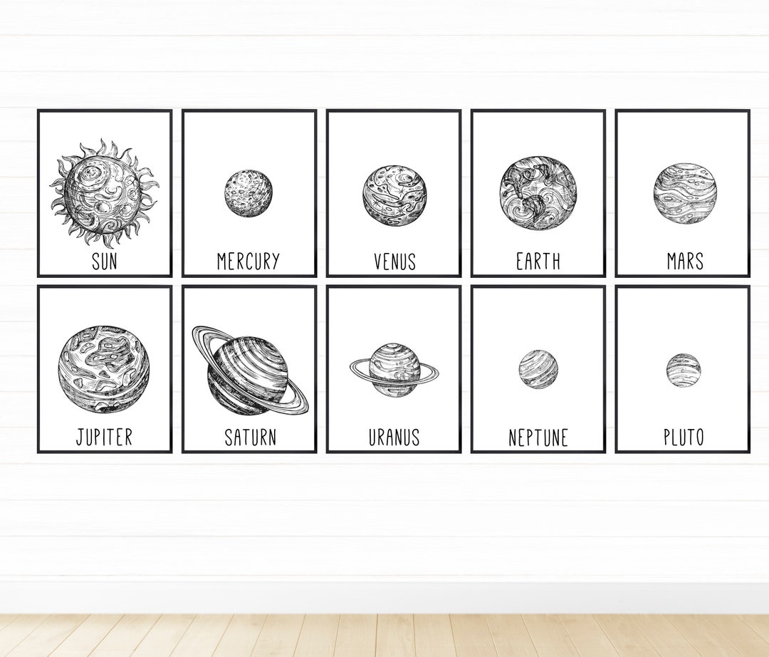 Black and White Solar System Printable Wall Art Set Digital - Etsy