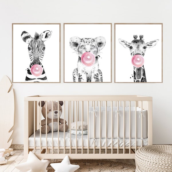 Set of 3 Safari Animals Printable Wall Art, Digital Download, Nursery Decor, Girl Bedroom Decor, Animals with Bubble Gum, Kids Room Decor