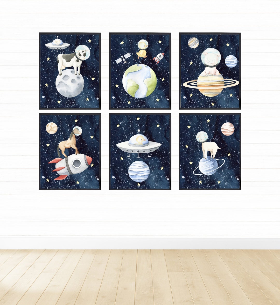Farm Animals in Outer Space Prints, Printable Wall Art Set, Digital ...
