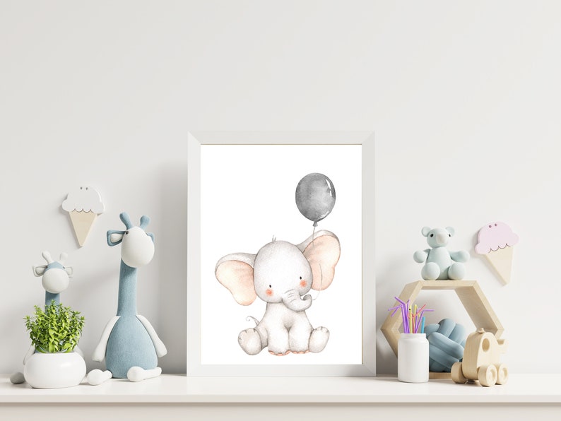 Watercolor Elephant with Balloons Nursery Wall Art Digital Etsy