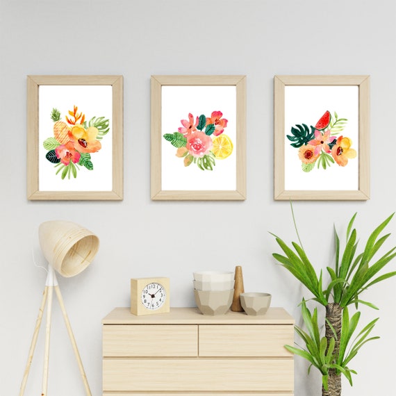 Set of 3 tropical flower wall art prints for Home Decor Etsy