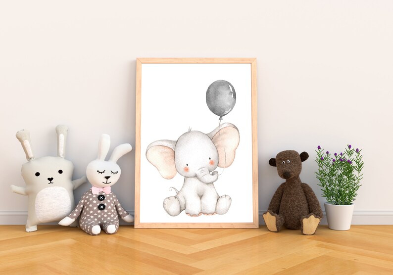 Watercolor Elephant with Balloons Nursery Wall Art Digital Etsy