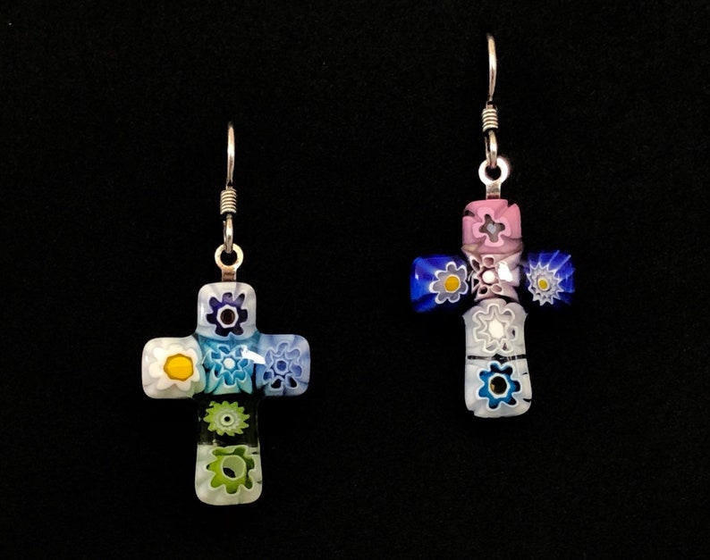 PiercedDangleWires WomenMom Gift Mismatched Rainbow Flowers Murano Italy Glass Colorful Millefiori Cross Earrings