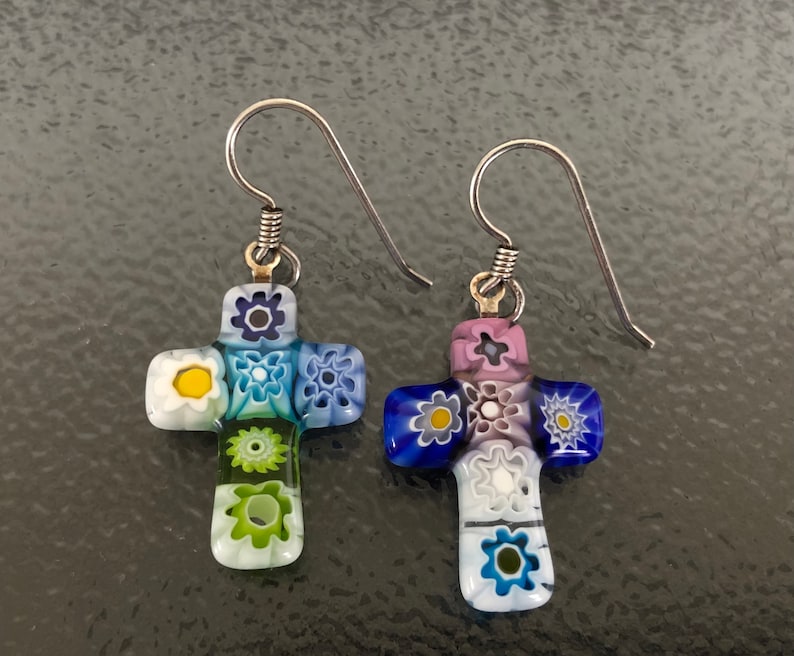 PiercedDangleWires WomenMom Gift Mismatched Rainbow Flowers Murano Italy Glass Colorful Millefiori Cross Earrings