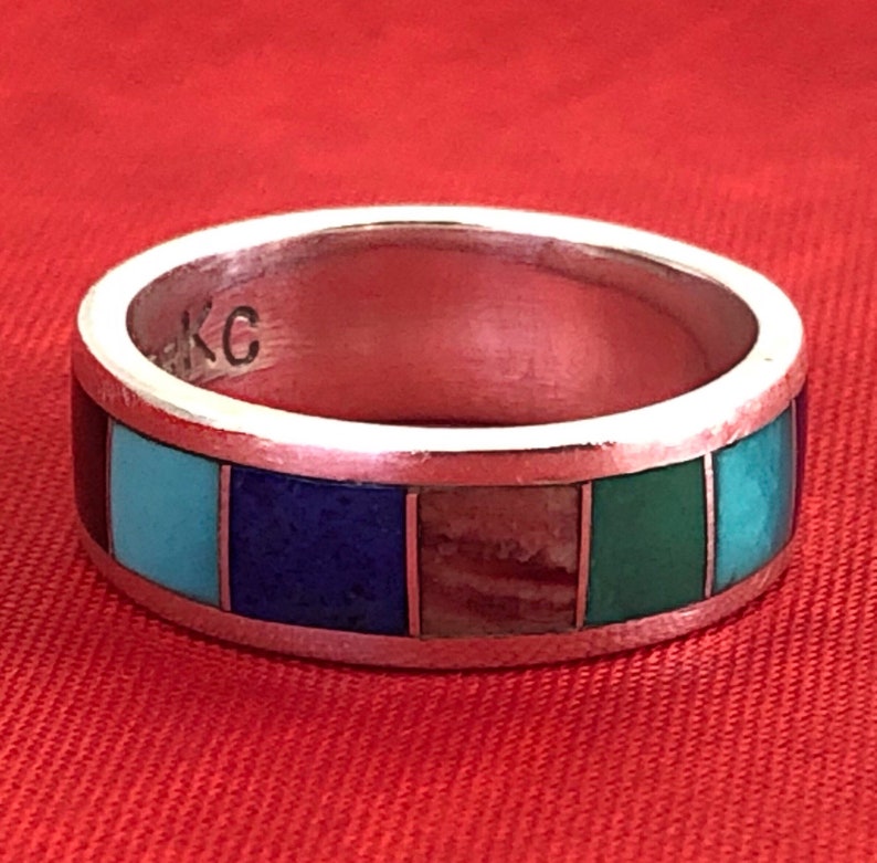 Size 6 Sterling Silver BandInlay: OpalTurquoiseOnyxLapisMalachite Rainbow Native American Multi Gemstone Ring Gift TeenWomenMom