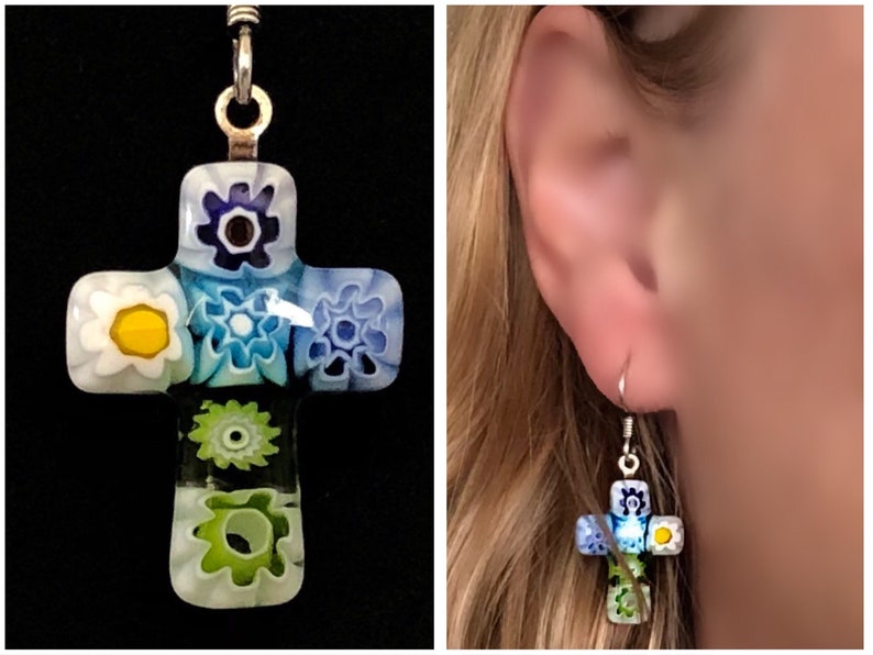 PiercedDangleWires WomenMom Gift Mismatched Rainbow Flowers Murano Italy Glass Colorful Millefiori Cross Earrings