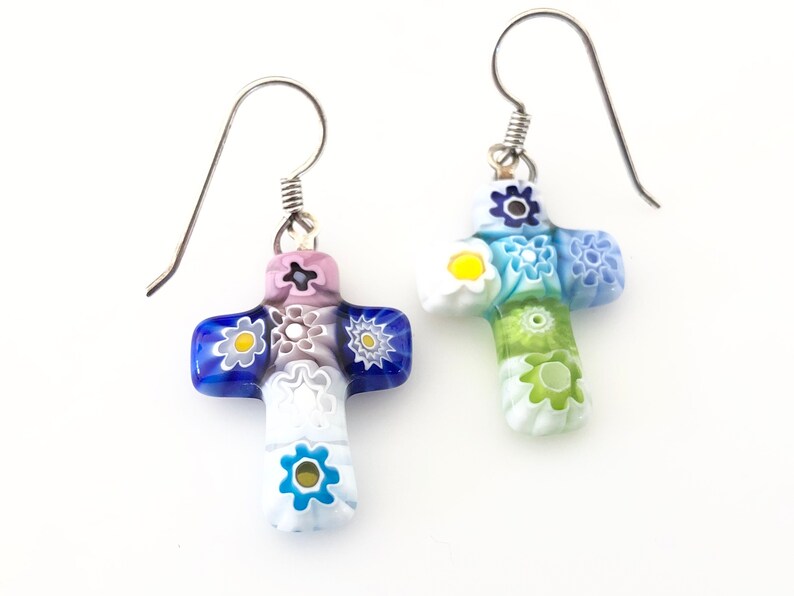 PiercedDangleWires WomenMom Gift Mismatched Rainbow Flowers Murano Italy Glass Colorful Millefiori Cross Earrings