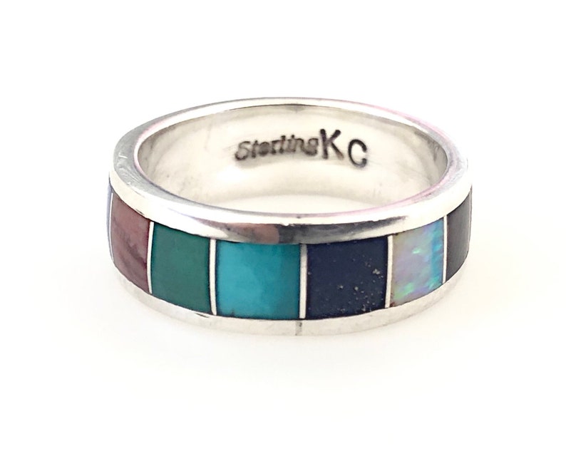 Size 6 Sterling Silver BandInlay: OpalTurquoiseOnyxLapisMalachite Rainbow Native American Multi Gemstone Ring Gift TeenWomenMom