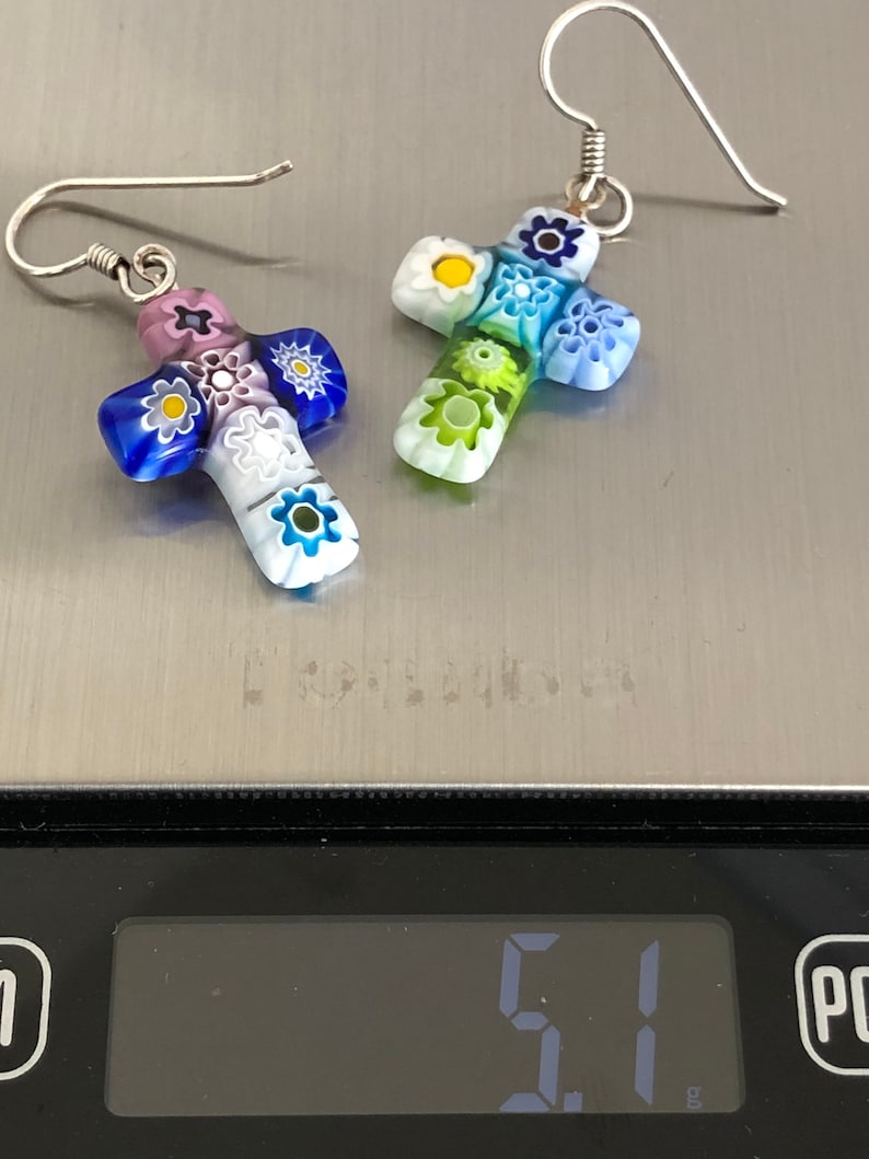 PiercedDangleWires WomenMom Gift Mismatched Rainbow Flowers Murano Italy Glass Colorful Millefiori Cross Earrings
